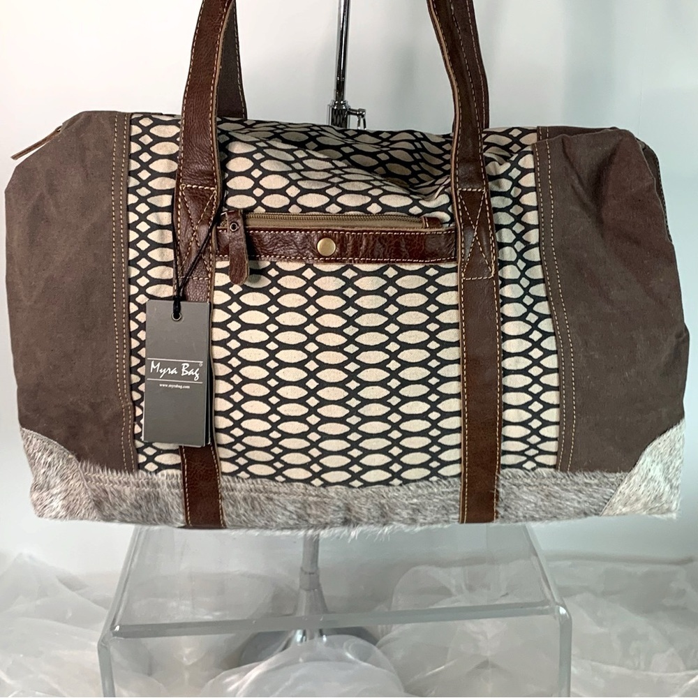 Myra Bag Honey Bee Cowhide & Upcycled Canvas Travel Bag S-1158 - Picture 2 of 5